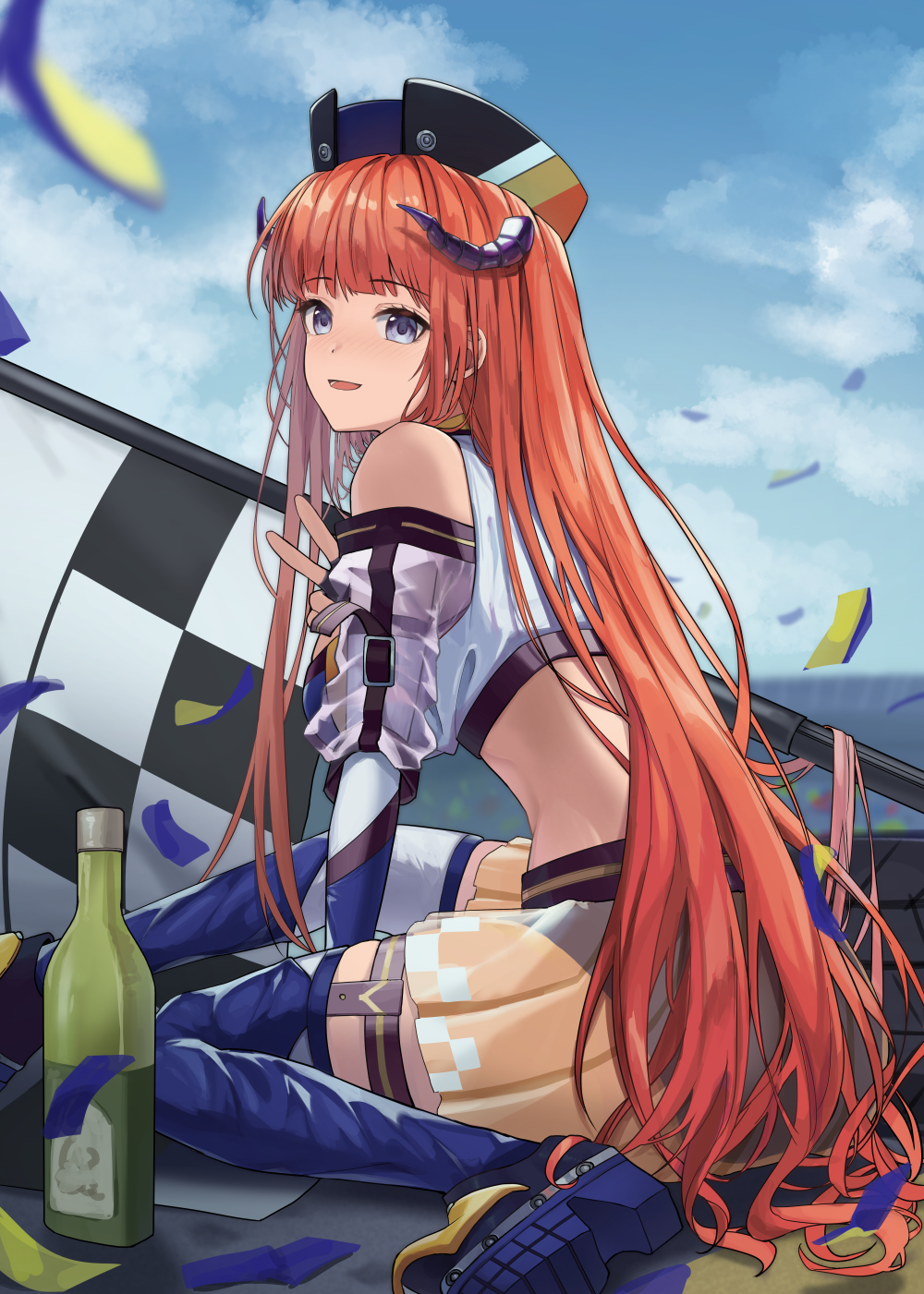 1girl, :d, arknights, bagpipe_(arknights), bagpipe_(queen_i)_(arknights), bangs, bare_shoulders, blue_eyes