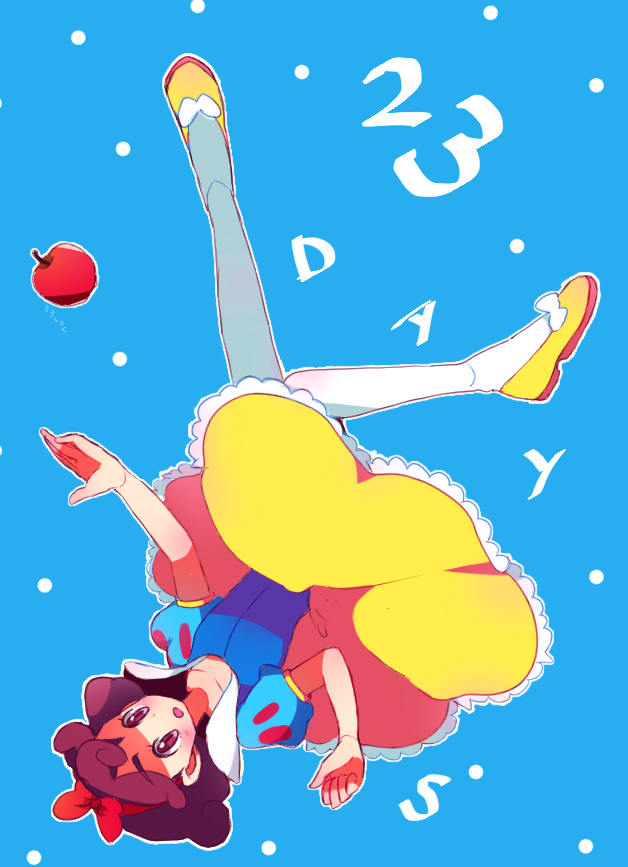 1girl, 33lol, :o, apple, blue_background, bow, brown_hair, burgundy_(pokemon)