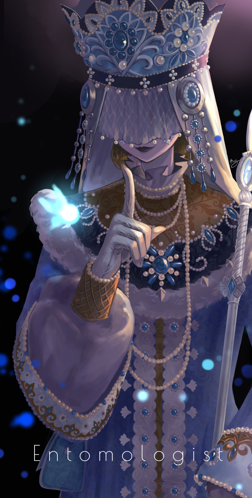 1girl, absurdres, character_name, crown, dark_background, facing_viewer, hair_over_eyes, highres, huge_filesize, identity_v, index_finger_raised, jewelry, melly_plinius, necklace, pale_skin, solo, standing, veil, yufuyuruuu
