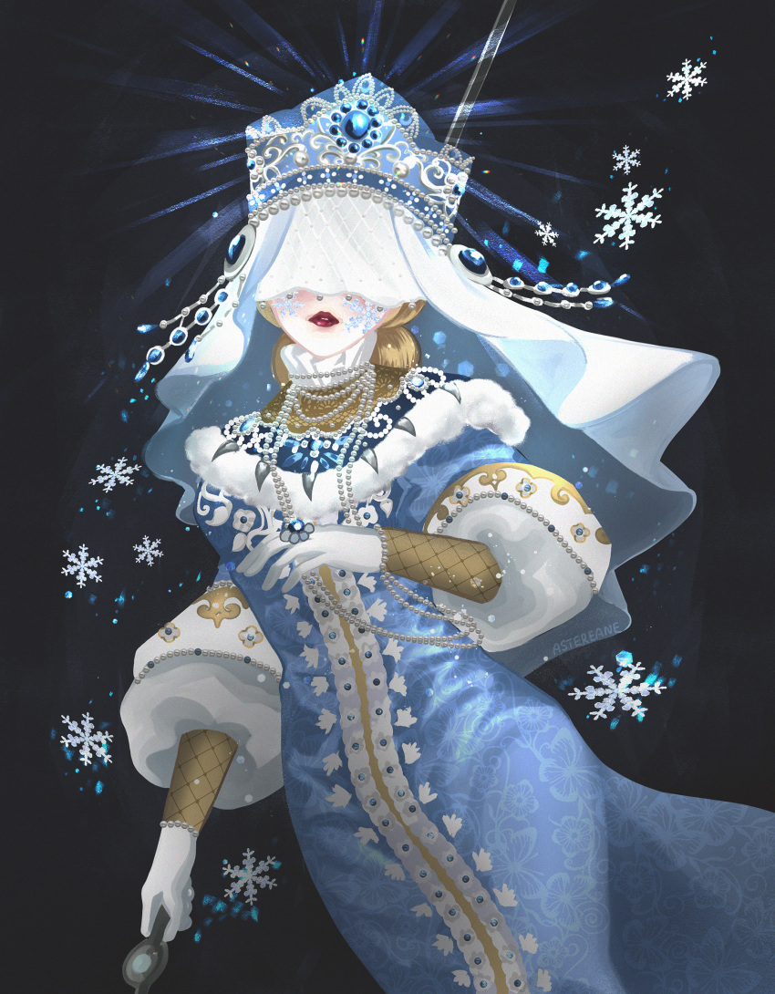 1girl, absurdres, astereane, black_background, blonde_hair, blue_dress, covered_eyes, crown