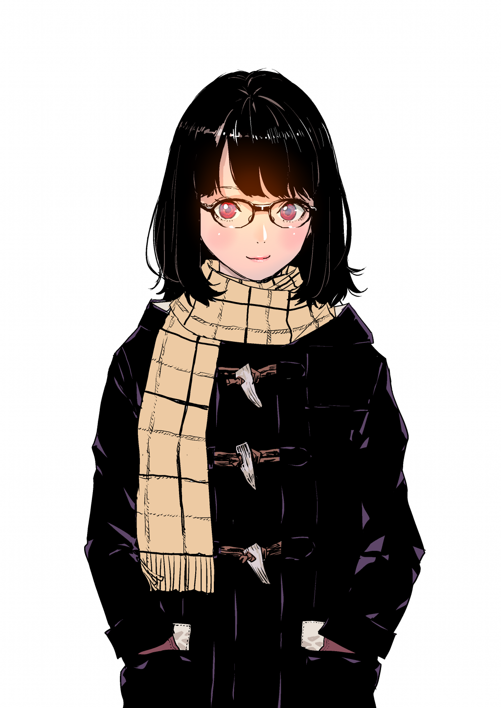 1girl, black_coat, black_hair, blush, coat, eyebrows_behind_hair, glasses, gloves