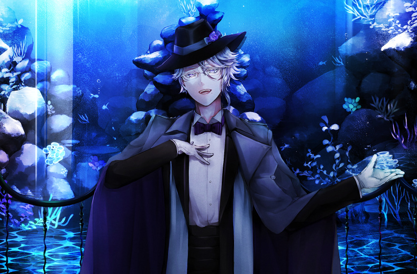 1boy, :d, aquarium, azul_ashengrotto, black_bow, black_headwear, black_neckwear, black_pants