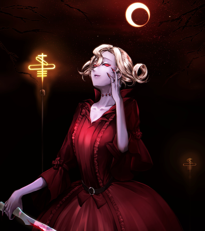1girl, blonde_hair, blood, bloody_weapon, dress, hand_up, highres, holding, holding_knife, identity_v, knife, lamppost, mary_(identity_v), moon, night, night_sky, outdoors, pale_skin, red_dress, red_sclera, short_hair, sky, solo, standing, utsuginoki, weapon