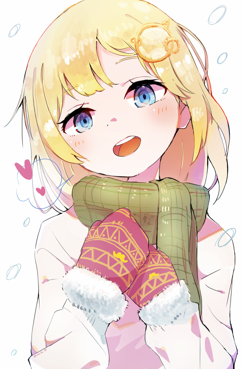 1girl, absurdres, blonde_hair, blue_eyes, blush, eyebrows_visible_through_hair, fur_trim, green_scarf