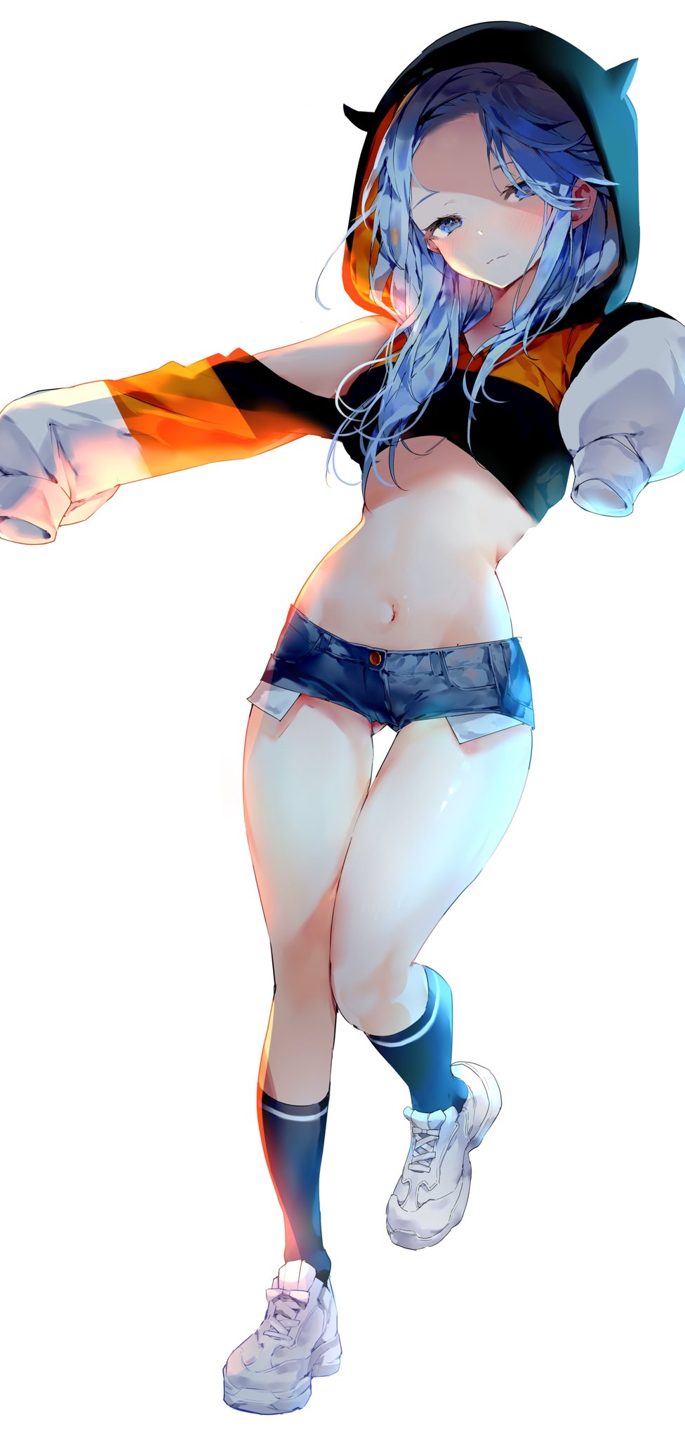 1girl, ass_visible_through_thighs, backlighting, blue_eyes, blue_hair, blush, borrowed_character, clothing_cutout