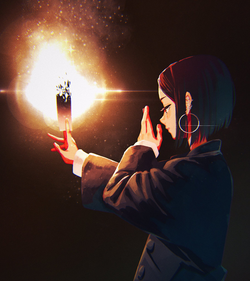 1girl, black_background, black_eyes, burning, chromatic_aberration, earrings, fire, hands_up