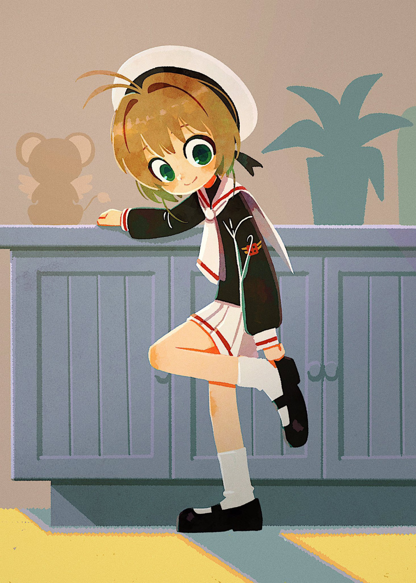1girl, adjusting_footwear, black_footwear, black_shirt, blush, brown_hair, cardcaptor_sakura, full_body