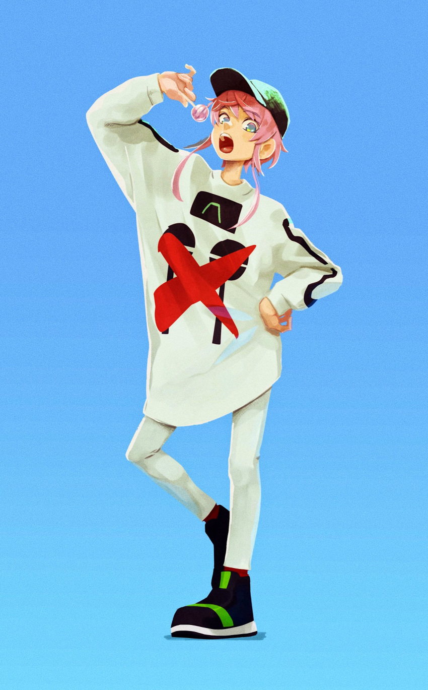 1girl, aqua_eyes, baseball_cap, black_footwear, blue_background, candy, food, full_body