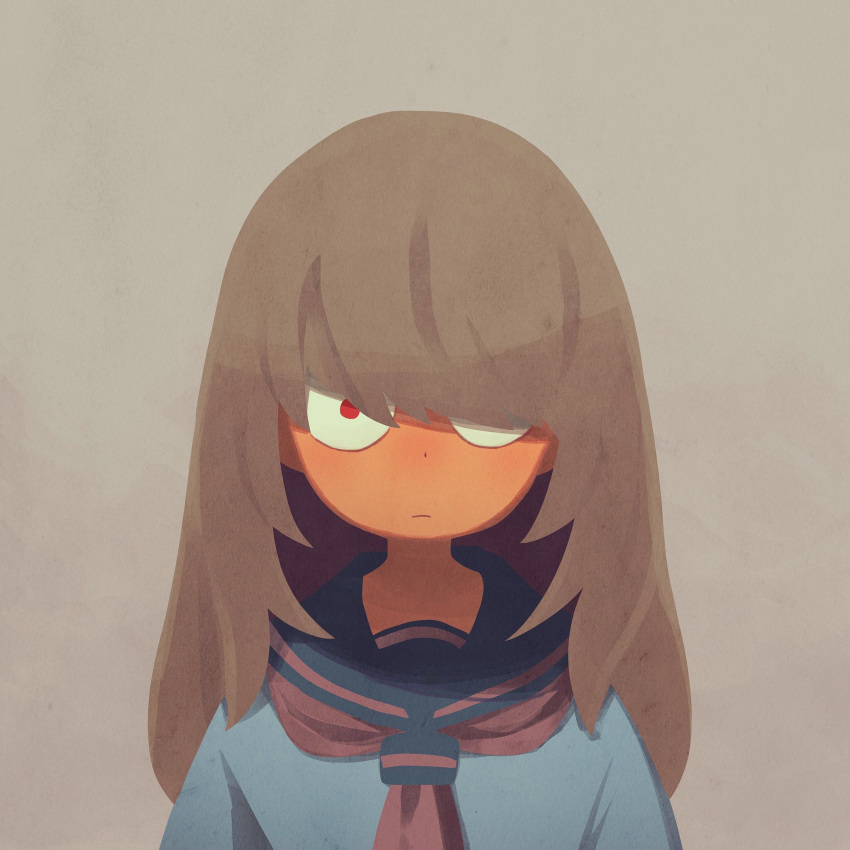 1girl, asymmetrical_bangs, bangs, brown_background, brown_hair, hair_over_one_eye, highres, kunitarou-art
