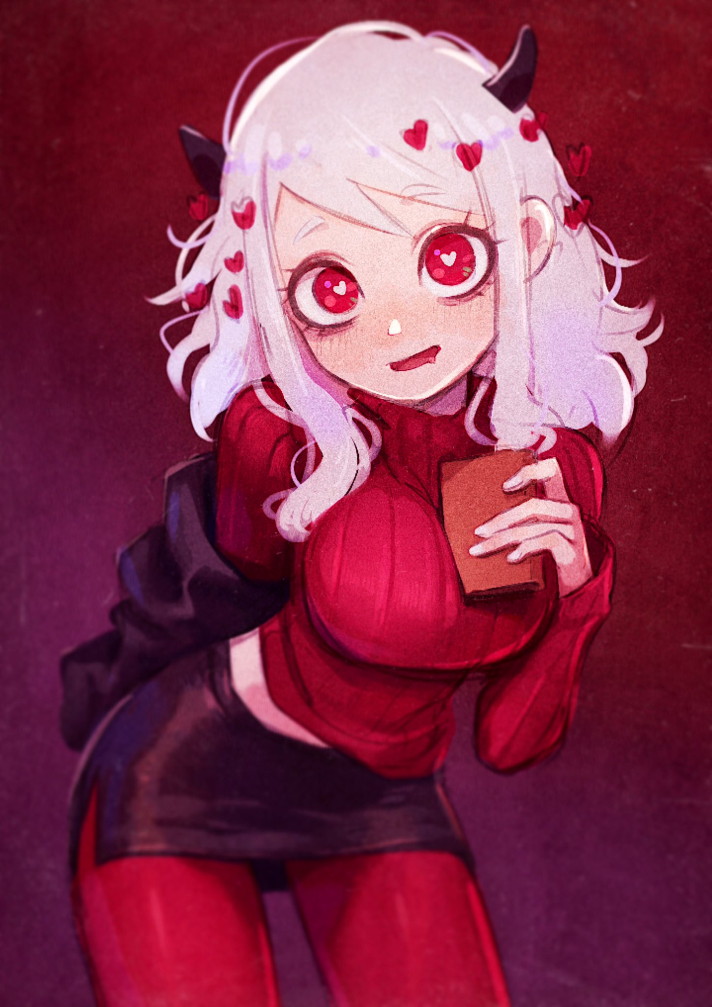 1girl, black_horns, black_skirt, breasts, bright_pupils, cowboy_shot, demon_girl, demon_horns, heart, heart-shaped_pupils, helltaker, highres, holding, horns, kunitarou-art, large_breasts, leaning_forward, long_hair, long_sleeves, looking_at_viewer, midriff_peek, modeus_(helltaker), red_eyes, red_legwear, red_sweater, ribbed_sweater, skirt, solo, sweater, symbol-shaped_pupils, white_hair, white_pupils