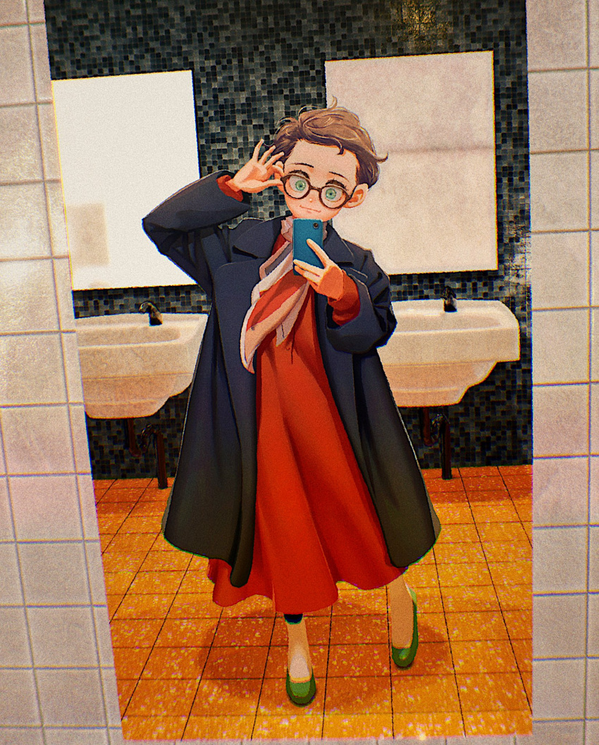 1girl, brown_hair, cellphone, chromatic_aberration, dress, full_body, glasses, green_eyes