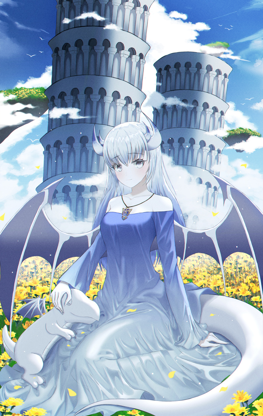 1girl, absurdres, animal, bare_shoulders, bird, blue_hair, blue_sky, blush