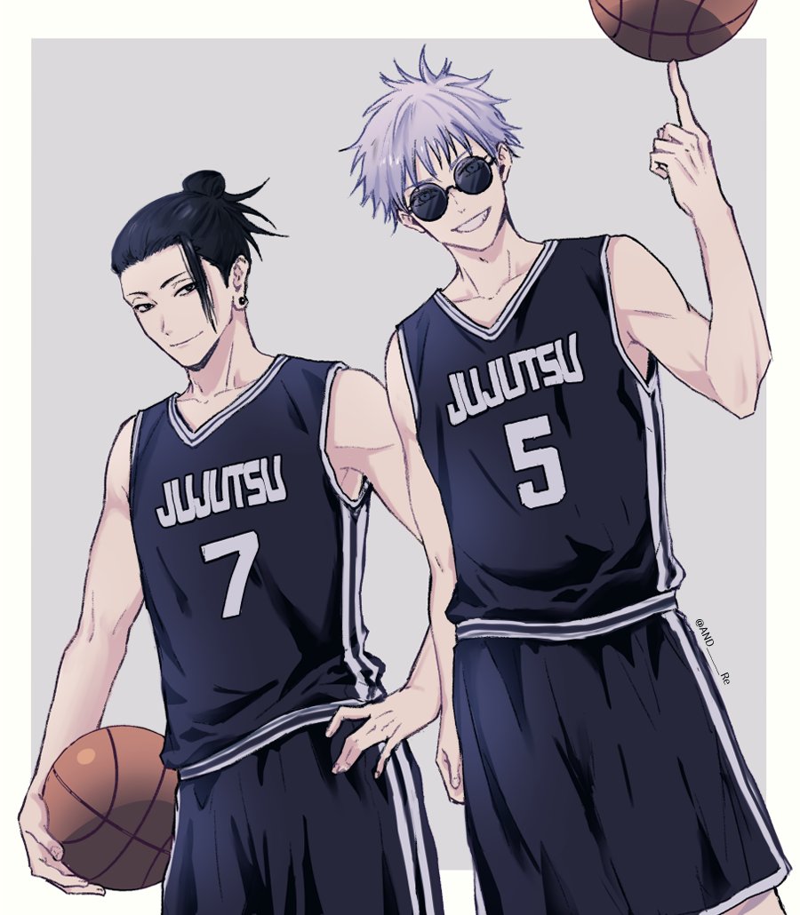 2boys, and_re, arm_up, ball, bangs, basketball, basketball_uniform, black_eyes