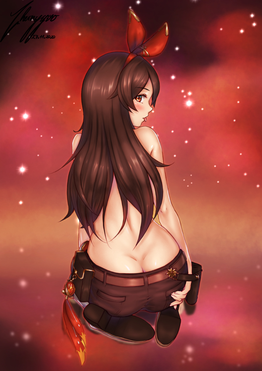 1girl, 2020, absurdres, amber_(genshin_impact), ass, boots, bow, bow_hairband, brown_hair, brown_pants, butt_crack, chernyyvo, dated, from_behind, genshin_impact, hair_bow, hairband, highres, long_hair, looking_at_viewer, looking_back, pants, profile, red_bow, red_eyes, red_hairband, seiza, shiny, shiny_hair, signature, sitting, solo, tongue, tongue_out, topless, very_long_hair