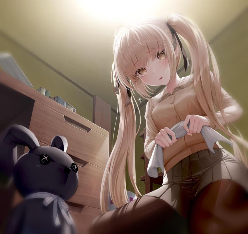 1girl, absurdres, bangs, black_legwear, black_ribbon, blonde_hair, blurry_foreground, blush