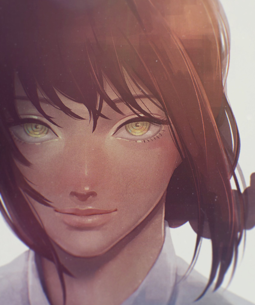1girl, blurry, brown_hair, chainsaw_man, chromatic_aberration, depth_of_field, highres, kunitarou-art