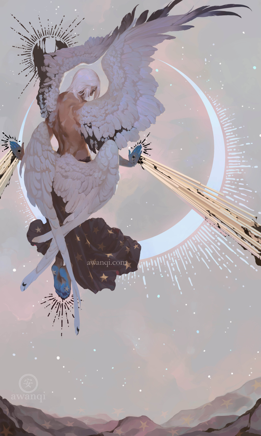 1boy, absurdres, angel, angel_wings, artist_name, awanqi, feathered_wings, floating