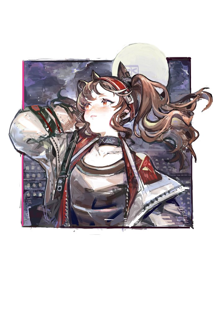1girl, angelina_(arknights), animal_ears, arknights, arm_up, bangs, black_choker, blush