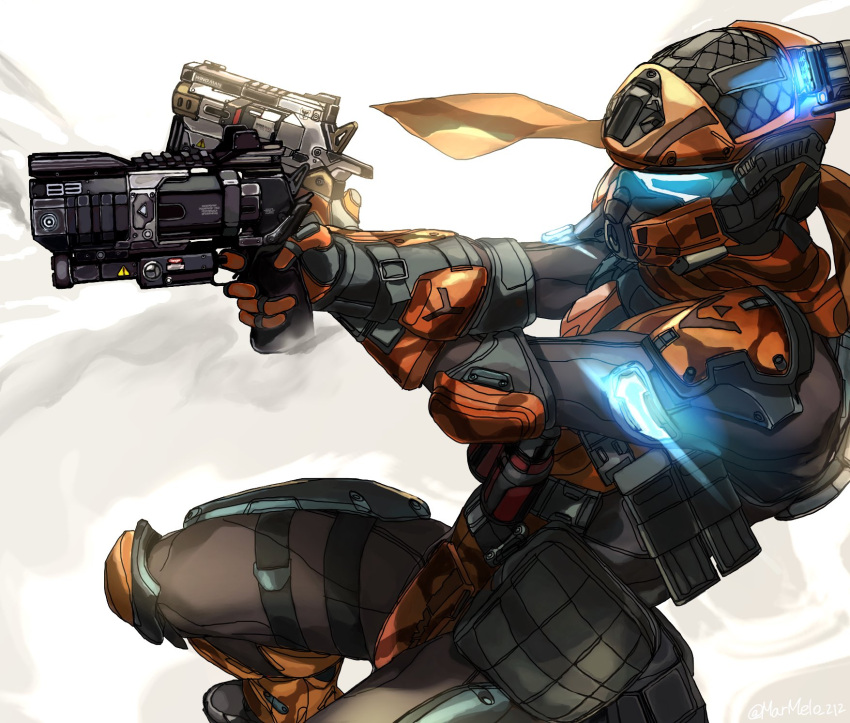 1boy, b3_wingman, crossed_arms, dual_wielding, from_side, glowing, gun, handgun