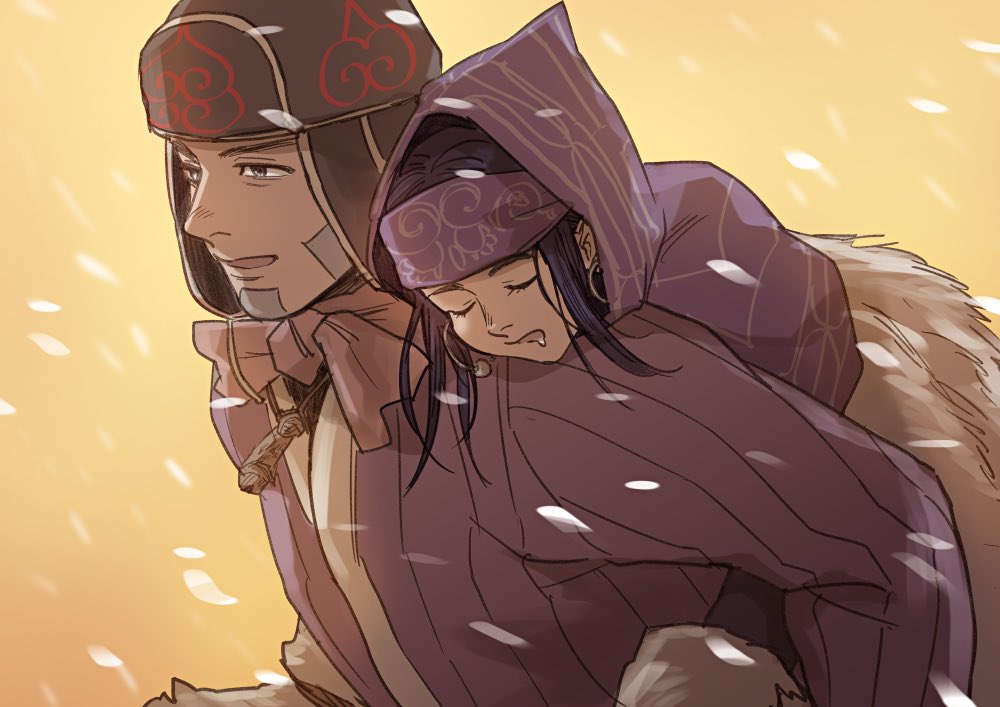 1boy, 1girl, asirpa, bandana, beard, black_eyes, black_hair, brown_headwear