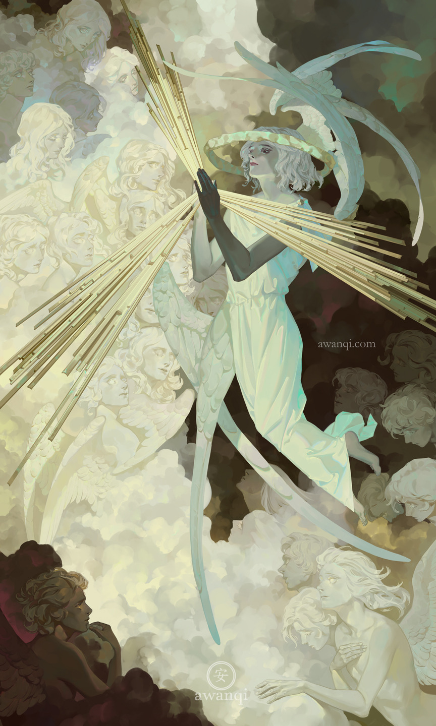 1boy, angel, angel_wings, artist_name, awanqi, barefoot, colored_skin, grey_skin