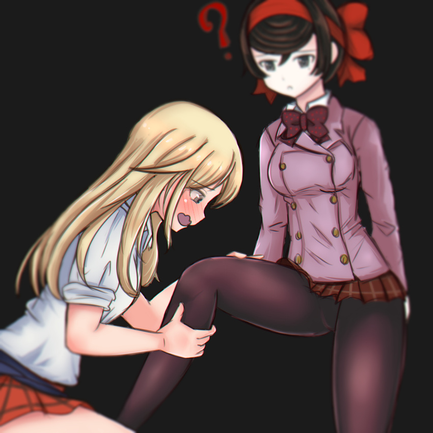 2girls, ?, black_background, black_hair, blonde_hair, blurry, blurry_background, blush, bow, girls_und_panzer, girls_und_panzer_ribbon_no_musha, grey_eyes, hairband, highres, leg_grab, long_hair, looking_at_thighs, matsukaze_rin, mc_kawaii, multiple_girls, open_mouth, pantyhose, school_uniform, short_hair, simple_background, skirt, tsuruki_shizuka, wavy_mouth, yuri