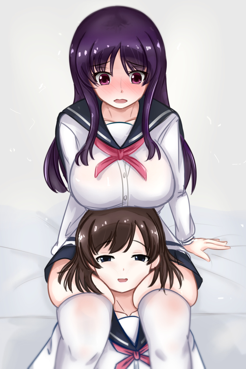 2girls, absurdres, bed_sheet, between_thighs, blue_eyes, blush, breast_rest, breasts, breasts_on_head, brown_hair, head_between_thighs, highres, large_breasts, long_hair, looking_at_another, mc_kawaii, multiple_girls, onjouji_toki, open_mouth, purple_hair, saki, school_uniform, senriyama_school_uniform, shimizudani_ryuuka, short_hair, simple_background, sitting, smile, thigh-highs, thighs, violet_eyes, wavy_mouth, yuri