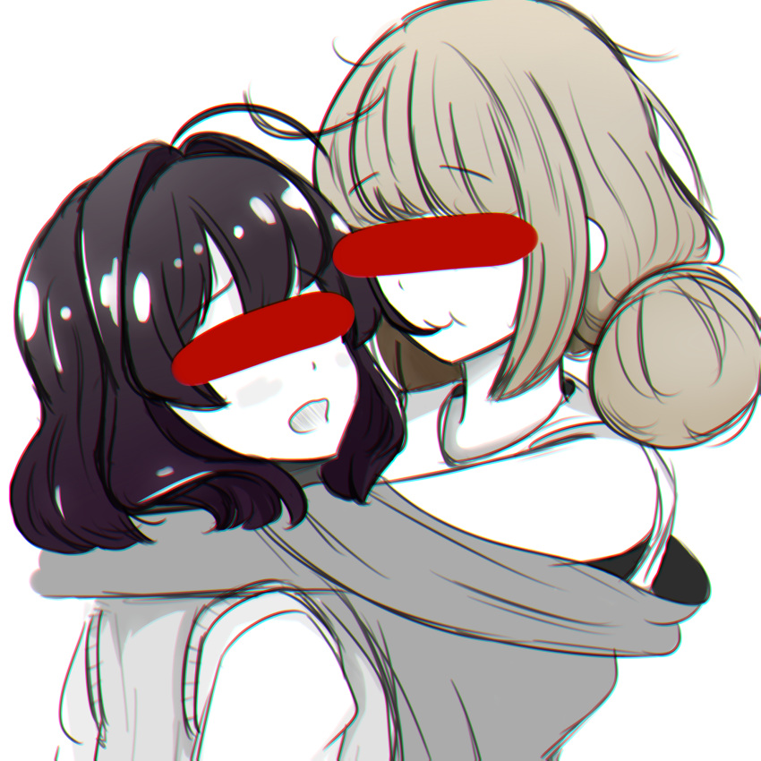 2girls, ahoge, araga_kiwi, biting_hair, black_hair, censored, eating_hair, highres