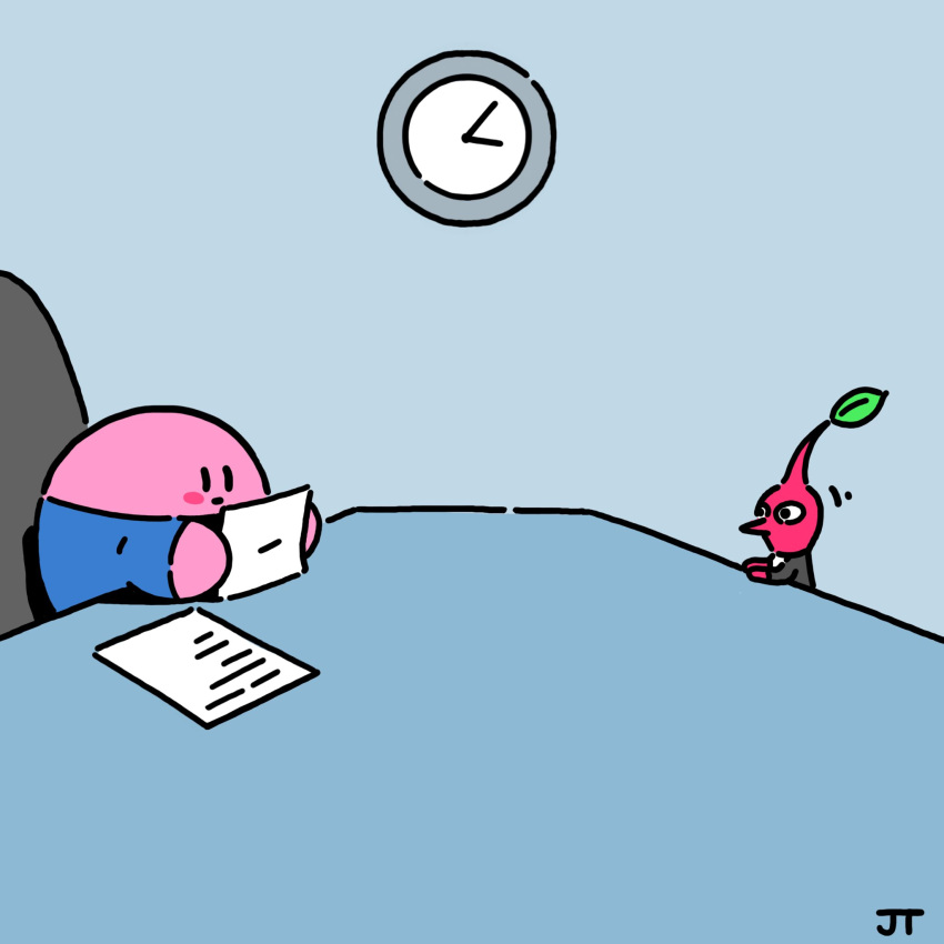 2others, blue_jacket, blush, chair, clock, english_commentary, highres, jacket