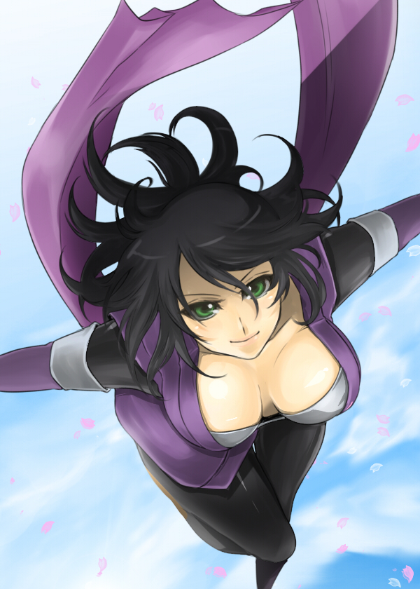 akishima_kei, bad_id, black_hair, breasts, cherry_blossoms, cleavage, green_eyes, japanese_clothes