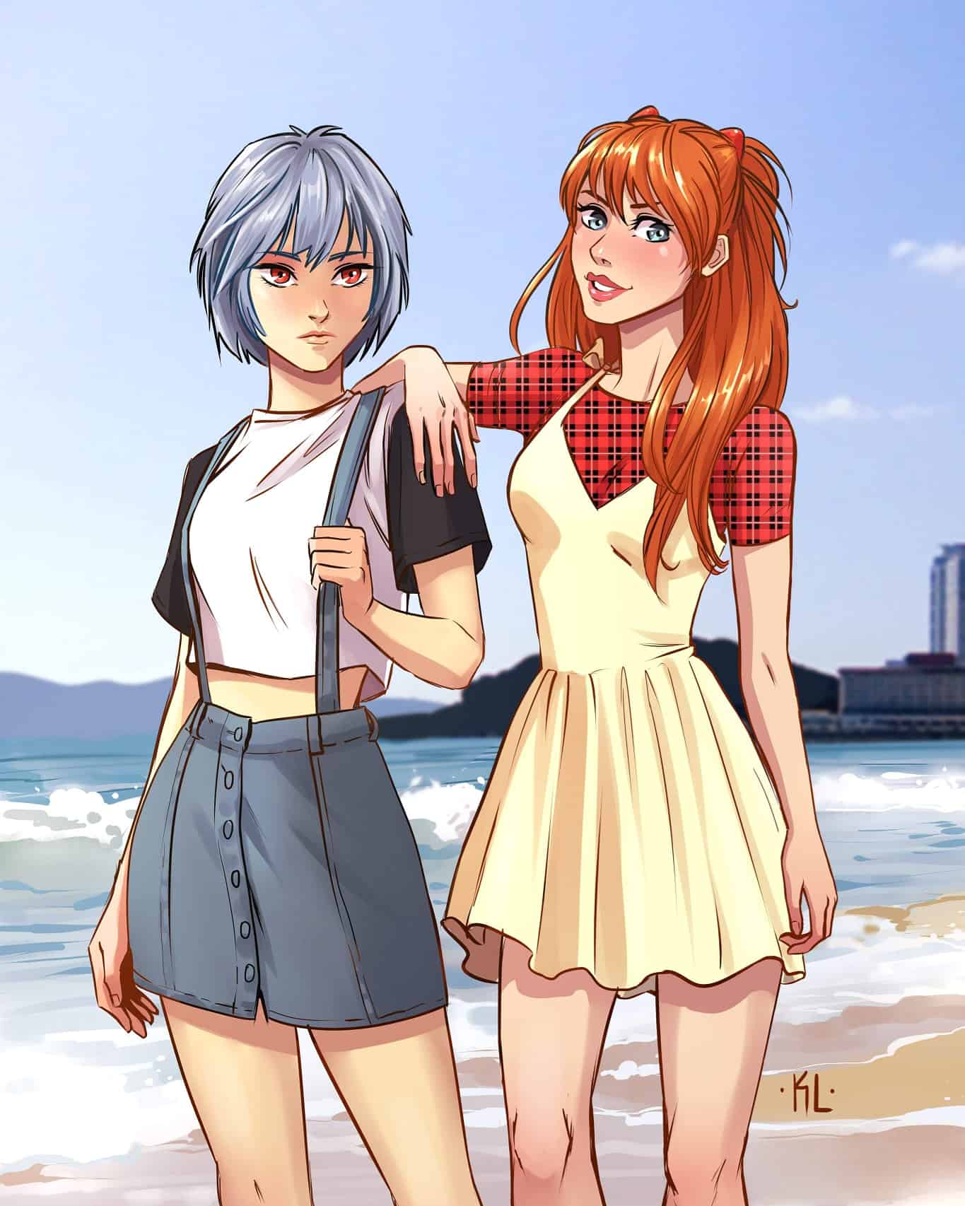 2girls, alternate_costume, arm_on_shoulder, ayanami_rei, bangs, beach, blue_eyes, blue_hair, blush, casual, english_commentary, expressionless, eyebrows_behind_hair, highres, kath_lobo, multiple_girls, neon_genesis_evangelion, ocean, orange_hair, parted_lips, plaid, plaid_shirt, red_eyes, shirt, short_hair, skirt, smile, souryuu_asuka_langley, suspender_skirt, suspenders, thick_lips, unmoving_pattern, water