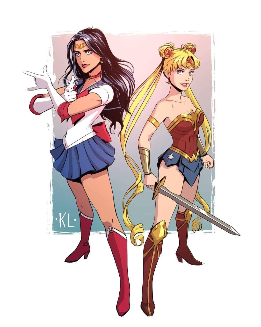 2girls, \n/, bare_shoulders, bishoujo_senshi_sailor_moon, black_hair, blonde_hair, blue_skirt, bracer, clenched_hands, cosplay, costume_switch, crossover, headband, highres, holding, holding_sword, holding_weapon, kath_lobo, long_hair, looking_at_viewer, multiple_girls, sailor_moon, sailor_moon_(cosplay), sailor_senshi_uniform, skirt, superhero, sword, tsuki_ni_kawatte_oshioki_yo, tsukino_usagi, twintails, very_long_hair, weapon, wonder_woman, wonder_woman_(cosplay), wonder_woman_(series)