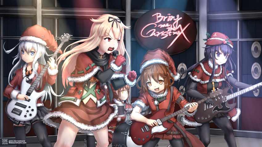 absurdres, akatsuki_(kantai_collection), band, bass_guitar, black_hair, blonde_hair, brown_hair, christmas
