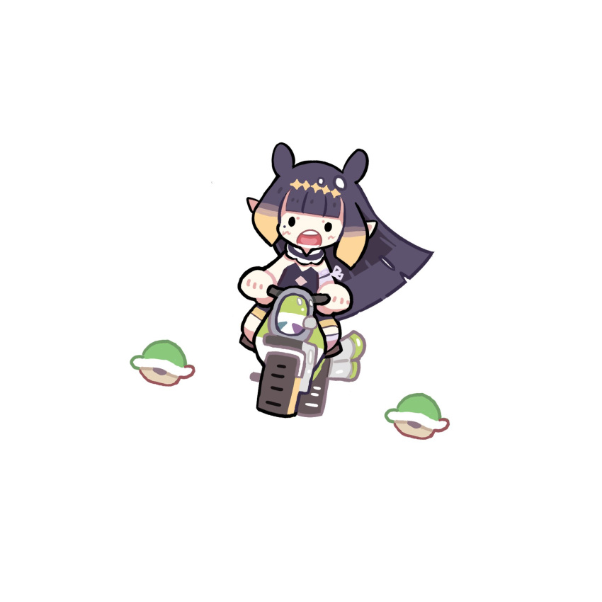 1girl, black_eyes, chibi, clenched_hands, floating_hair, green_shell, ground_vehicle, highres