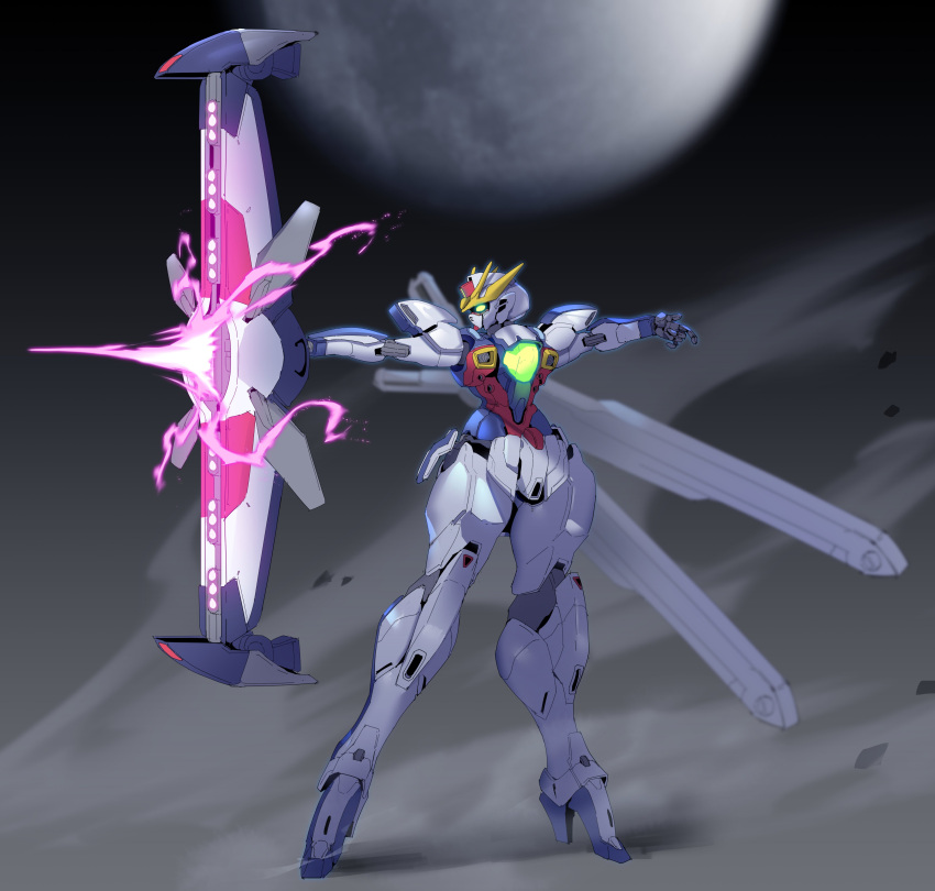 absurdres, after_war_gundam_x, glowing, glowing_eyes, green_eyes, gundam, gundam_x_divider, highres, holding, holding_weapon, mecha, moon, no_humans, open_hand, redesign, science_fiction, solo, v-fin, weapon, zhu_fun