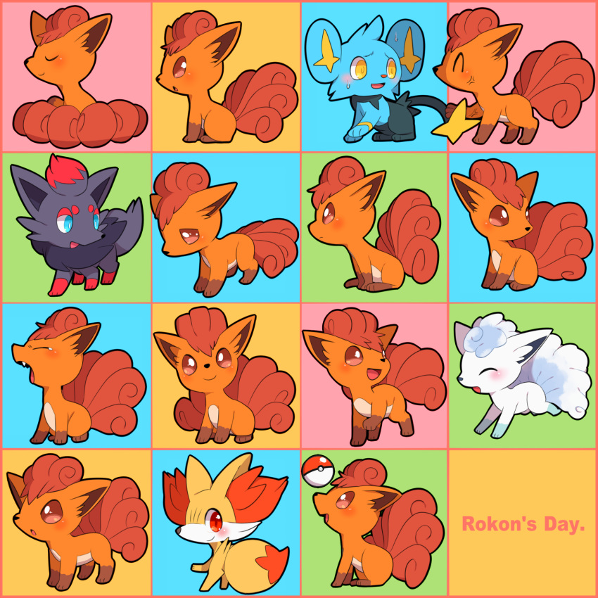 :o, alolan_form, alolan_vulpix, blush, brown_eyes, closed_eyes, closed_mouth, commentary_request, fennekin, gen_1_pokemon, gen_4_pokemon, gen_5_pokemon, gen_6_pokemon, gen_7_pokemon, highres, looking_at_viewer, makoto_ikemu, no_humans, poke_ball, poke_ball_(basic), pokemon, pokemon_(creature), shinx, smile, sweat, vulpix, yellow_eyes, zorua