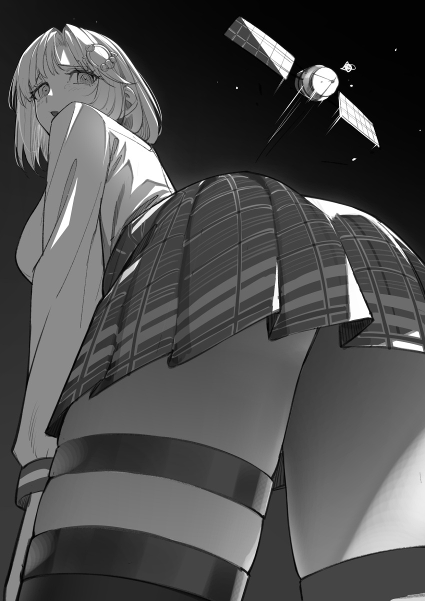 1girl, ass, bent_over, blush, breasts, collared_shirt, commentary, cowboy_shot