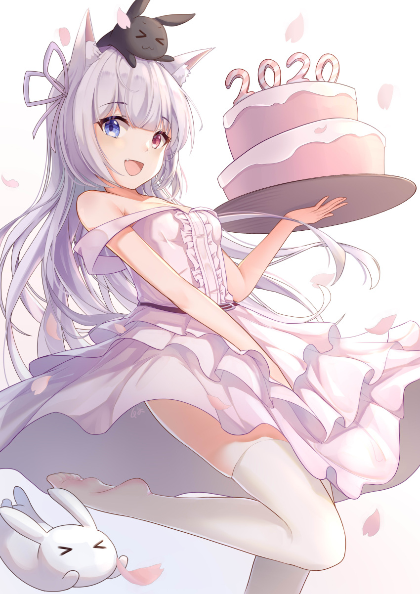 >_<, 1girl, :d, absurdres, animal_ear_fluff, animal_ears, animal_on_head, bangs, bare_arms, bare_shoulders, blue_background, blue_eyes, breasts, cake, cat_ears, center_frills, chiya_1589505970, closed_eyes, commentary_request, dress, eyebrows_visible_through_hair, fang, food, frills, gradient, gradient_background, hair_ribbon, hand_up, heterochromia, highres, holding, holding_tray, layered_dress, looking_at_viewer, no_shoes, on_head, open_mouth, original, petals, pleated_dress, purple_ribbon, rabbit, red_eyes, ribbon, silver_hair, sleeveless, sleeveless_dress, small_breasts, smile, soles, solo, standing, standing_on_one_leg, strap_slip, thigh-highs, tray, white_background, white_dress, white_legwear