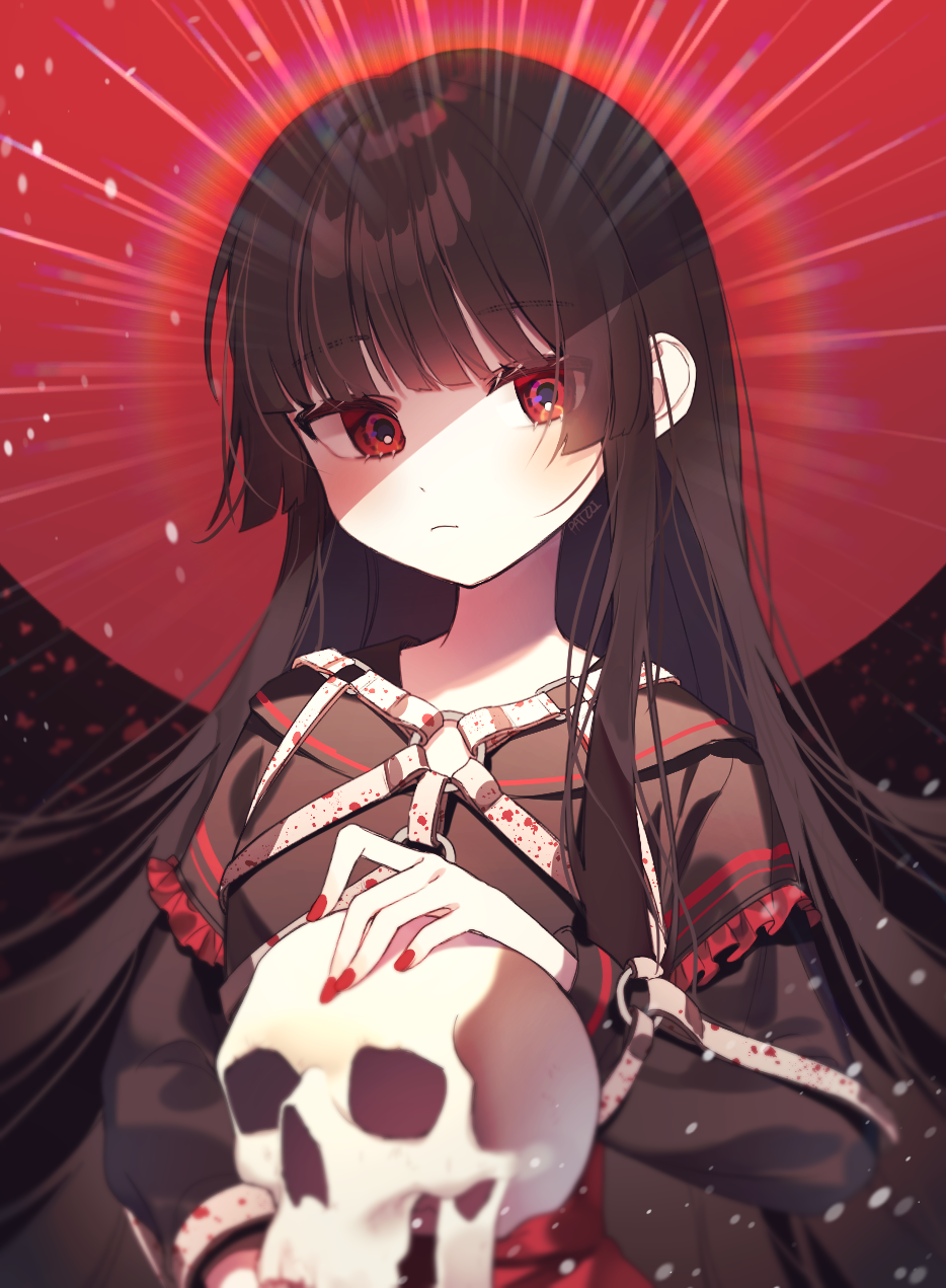 1girl, bangs, black_hair, black_sailor_collar, black_shirt, blush, closed_mouth, eyebrows_visible_through_hair