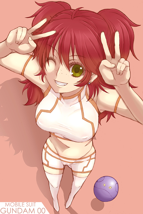 bad_id, double_v, freckles, gundam, gundam_00, haro, kannagi_kaname, midriff