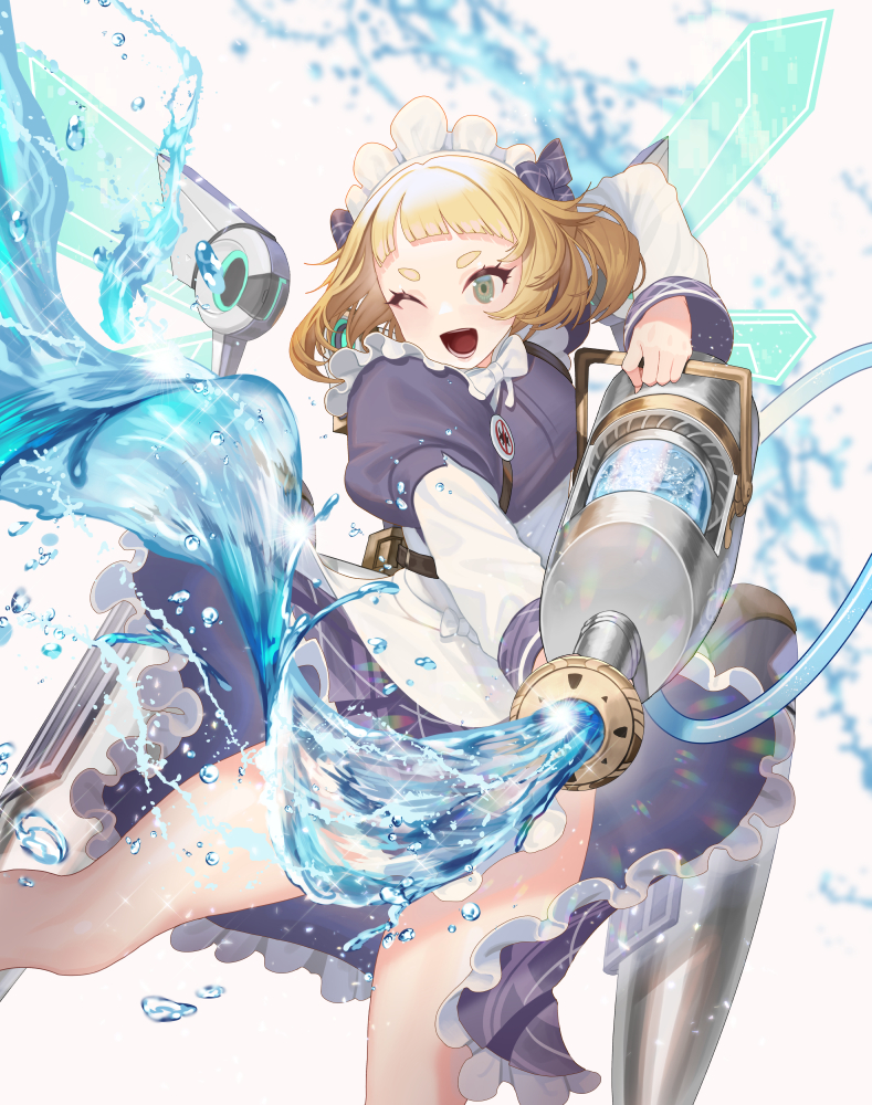 1girl, apron, aqua_(last_origin), bangs, blonde_hair, blush, detached_wings, dress