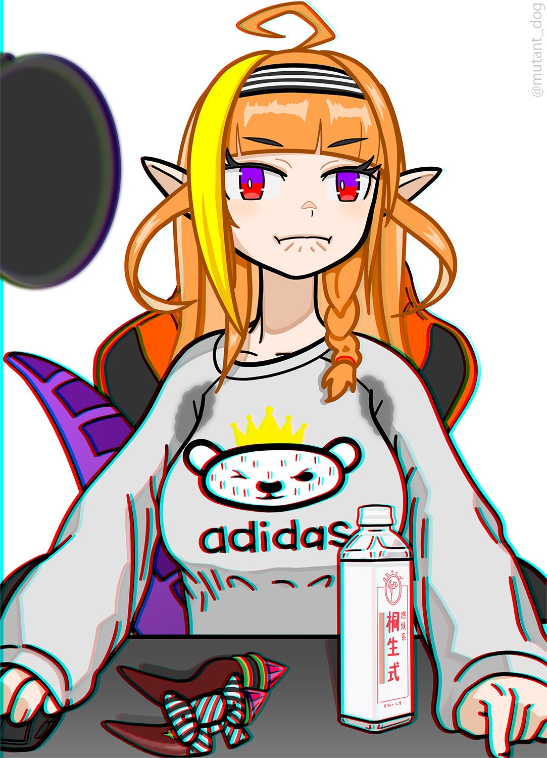 1girl, adidas, ahoge, asacoco, bangs, blonde_hair, blunt_bangs, bottle