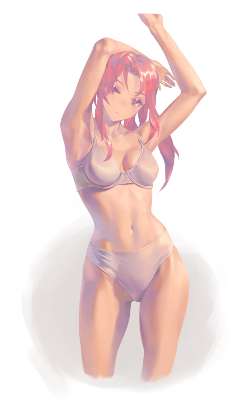 1girl, arm_behind_head, armpits, bangs, beige_bra, beige_panties, cropped_legs, english_commentary