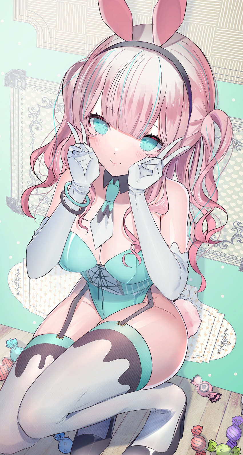1girl, absurdres, animal_ears, aqua_eyes, aqua_hair, aqua_leotard, bangs, bare_shoulders, blunt_bangs, bracelet, breasts, bunny_tail, candy, commentary_request, detached_collar, double_v, elbow_gloves, fake_animal_ears, food, garter_straps, gloves, high_heels, highleg, highleg_leotard, highres, jewelry, large_breasts, leotard, long_hair, multicolored_hair, necktie, original, pink_hair, playboy_bunny, rabbit_ears, seia_(tikxxx), short_necktie, skindentation, smile, solo, squatting, strapless, strapless_leotard, streaked_hair, tail, thigh-highs, twintails, v, white_gloves