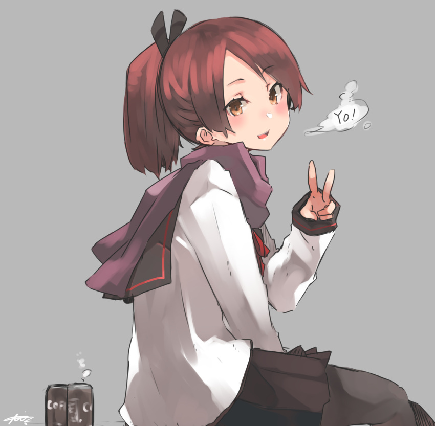 1girl, adapted_costume, black_legwear, black_sailor_collar, black_skirt, brown_eyes, brown_hair, can, canned_coffee, cowboy_shot, grey_background, highres, kantai_collection, looking_at_viewer, pantyhose, pleated_skirt, ponytail, purple_scarf, remodel_(kantai_collection), sailor_collar, scarf, school_uniform, serafuku, shikinami_(kantai_collection), short_hair, simple_background, sitting, skirt, solo, sunday_aki, v