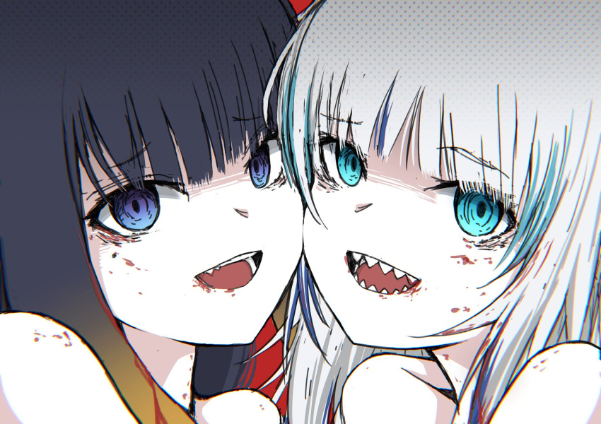 2girls, blood, blood_on_face, blue_eyes, blue_hair, chain's, eyebrows_visible_through_hair, gawr_gura