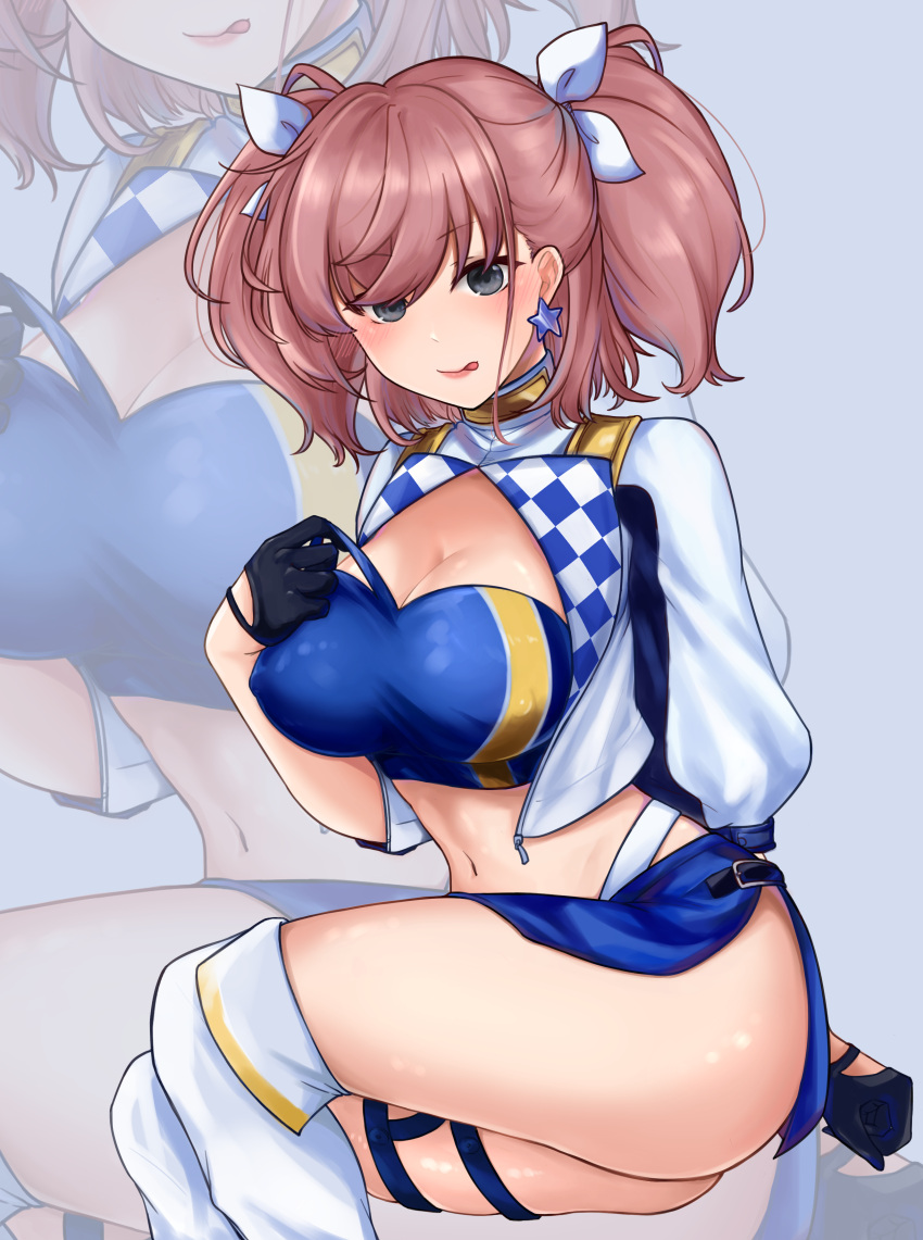 absurdres, atlanta_(kantai_collection), black_gloves, blue_bandeau, blue_skirt, boots, breasts, brown_hair, cosplay, cropped_jacket, english_commentary, gloves, gotland_(kantai_collection), gotland_(kantai_collection)_(cosplay), grey_eyes, hair_ribbon, half_gloves, highres, jacket, kantai_collection, knee_boots, large_breasts, long_hair, midriff, miniskirt, mixed-language_commentary, racequeen, reward_available, ribbon, shrug_(clothing), sitting, skirt, two_side_up, white_footwear, white_jacket, white_ribbon, yukai_(xiaoyu13298276), zoom_layer