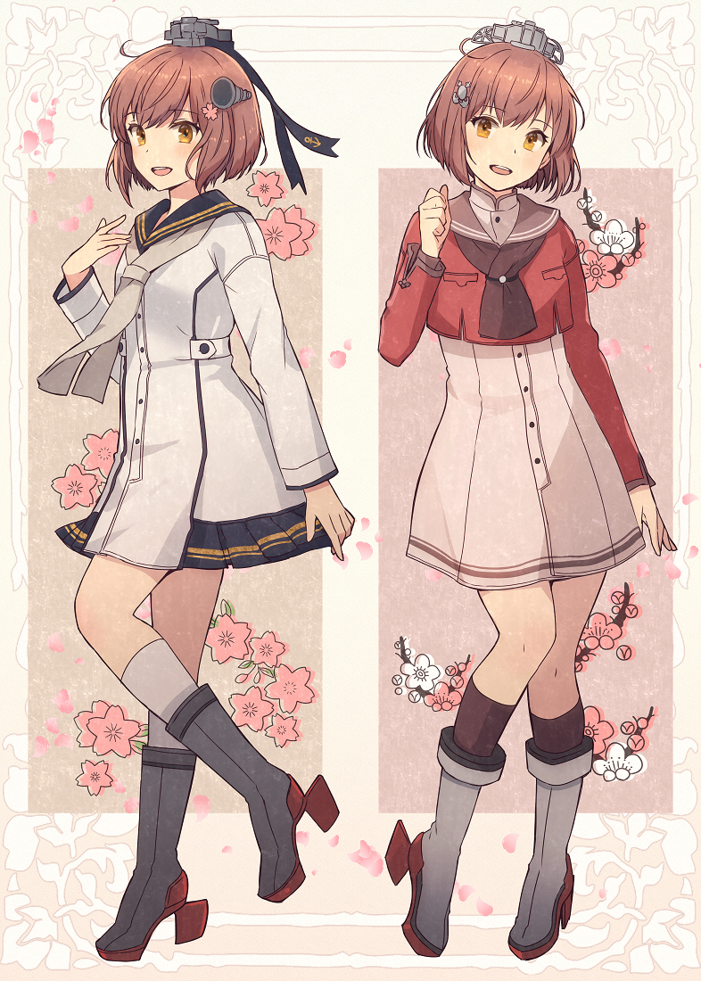 2girls, :d, black_legwear, blue_sailor_collar, brown_eyes, brown_hair, brown_neckwear, buttons, dual_persona, eyebrows_visible_through_hair, full_body, grey_neckwear, grey_sailor_collar, hair_between_eyes, kantai_collection, kasumi_(skchkko), kneehighs, long_sleeves, multiple_girls, open_mouth, petals, red_shirt, remodel_(kantai_collection), rudder_footwear, sailor_collar, sailor_shirt, shirt, short_hair, smile, tan_yang_(kantai_collection), upper_teeth, white_legwear, yukikaze_(kantai_collection)