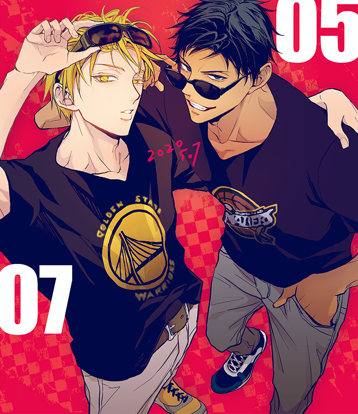 2boys, a_jou, aomine_daiki, arm_around_shoulder, belt, black_shirt, blonde_hair, blue_footwear