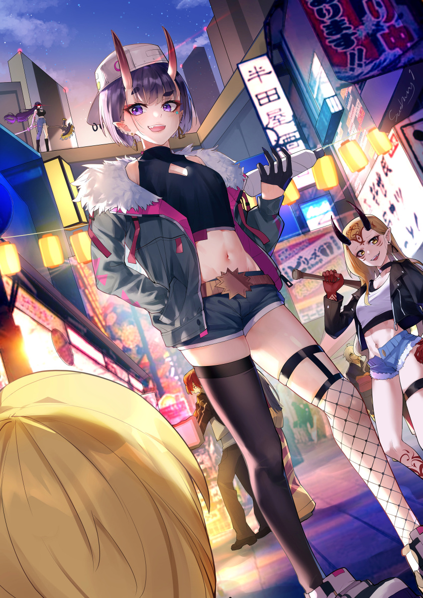 absurdres, bangs, black_legwear, bob_cut, breasts, caster_lily, casual, cityscape